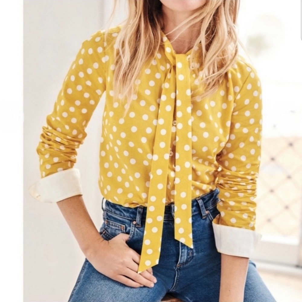Boden Yellow Polka Dot Tie-Neck Blouse